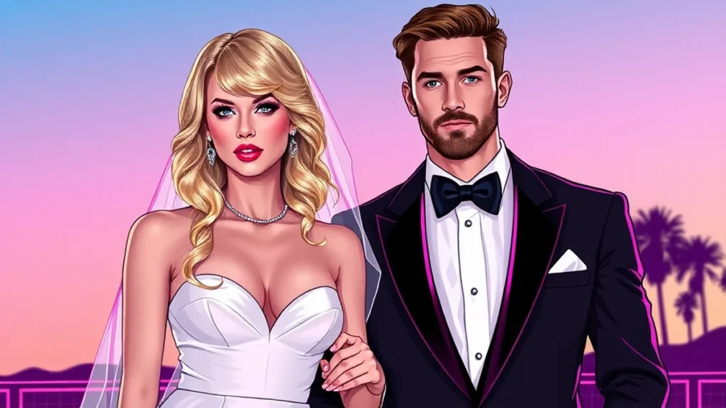 A glamorous bride and groom posing together in formal wedding attire.