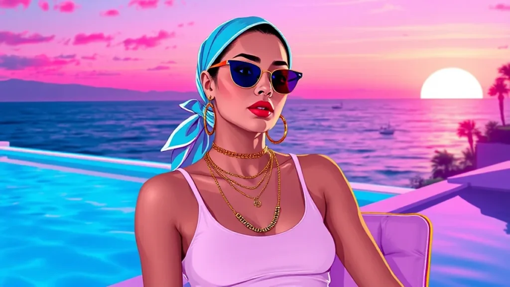 Stylish woman in white tank top and blue headscarf relaxing by an Italian Mediterranean pool.
