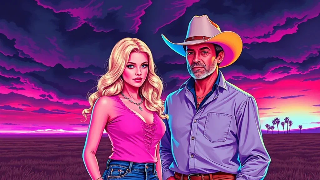 A serious blonde woman and a cowboy standing on a large Montana ranch during a storm.