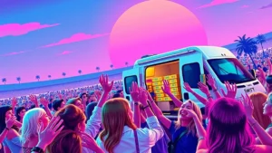 Excited fans crowding around a bakery delivery van outside an arena to grab pastries.