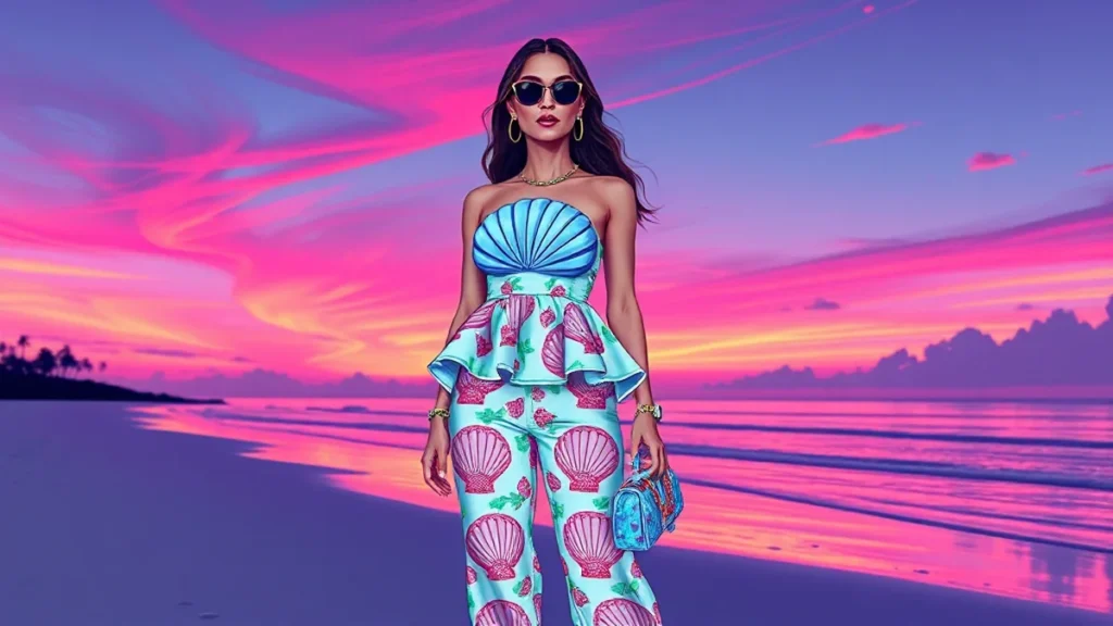 Woman in colorful shell print outfit and raffia bag on a tropical beach.