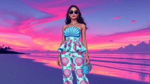 Woman in colorful shell print outfit and raffia bag on a tropical beach.