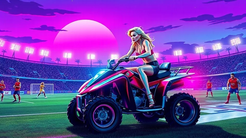 Madonna riding an ATV on a soccer field during a World Cup halftime performance.