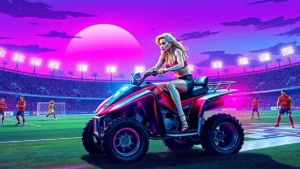 Madonna riding an ATV on a soccer field during a World Cup halftime performance.