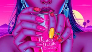 Close up of hands featuring colorful summer fruit nail art designs including strawberries and lemons.
