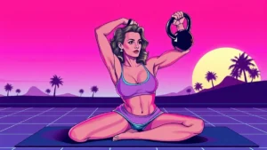 An adult woman practicing a Turkish get-up with a kettlebell for functional strength and stability.