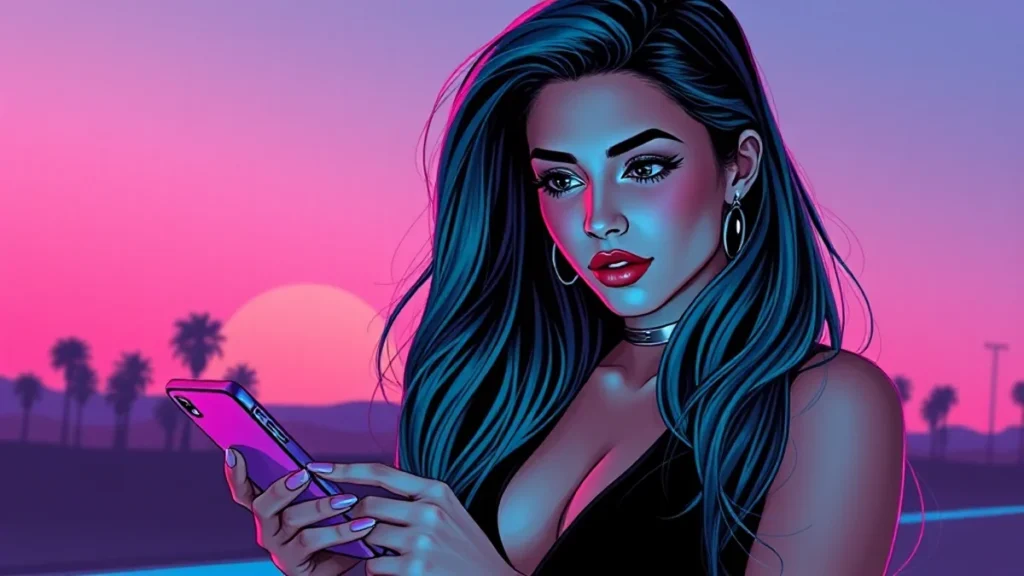 A young woman looking at her phone while listening to new music tracks.