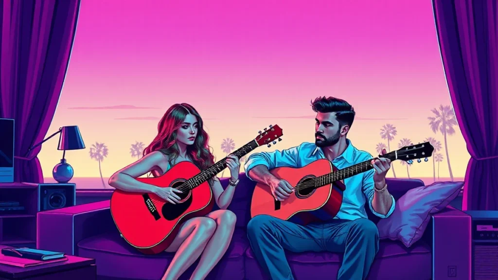 Gracie Abrams and Paul Mescal playing acoustic guitars together in a moody indoor setting.