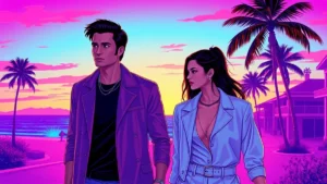 Jacob Elordi and Kendall Jenner walking together in a beautiful coastal setting during their travels.