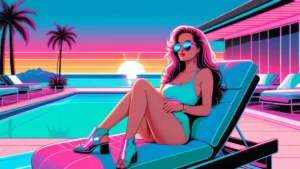 Jen Terry relaxing by a luxury villa swimming pool during a reality television filming session.