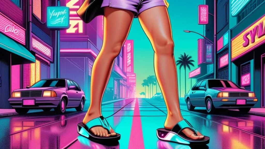 A stylish woman wearing chic leather flip flops walking on a bright summer street.