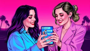 Joey King and Maisie Williams laughing while looking at a mobile phone group chat.