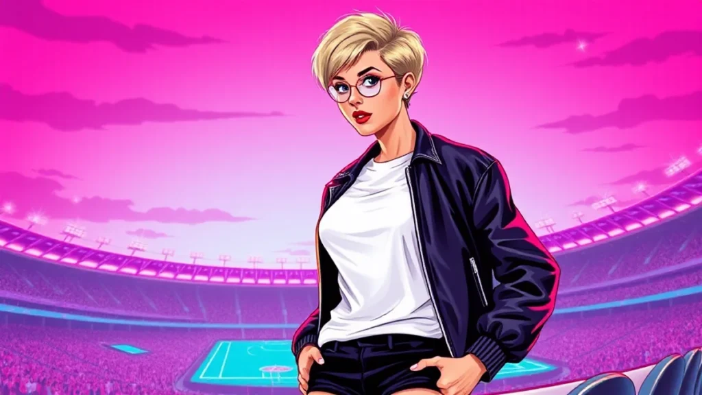 Julia Garner wearing a black leather jacket and mini shorts at the World Cup final.