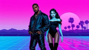 Kanye West and Bianca Censori posing together in monochromatic high fashion outfits on a Los Angeles set.