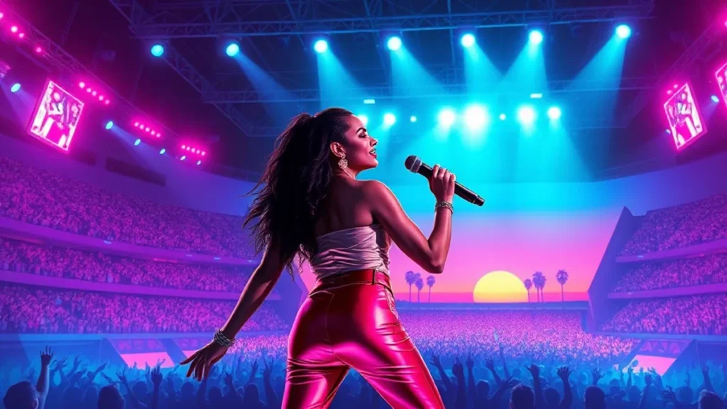 Karol G performing live on stage during her stadium tour in Chicago.