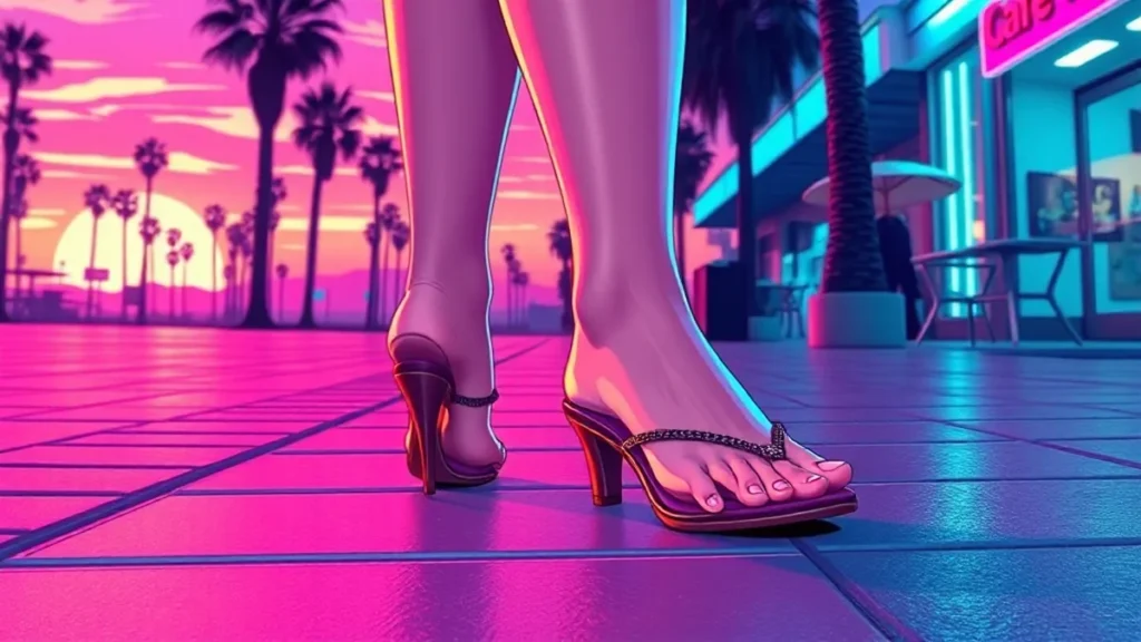 Close up of a woman wearing trendy kitten heel flip flop sandals walking outdoors.