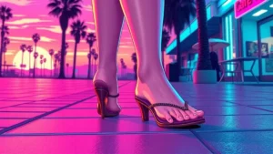 Close up of a woman wearing trendy kitten heel flip flop sandals walking outdoors.