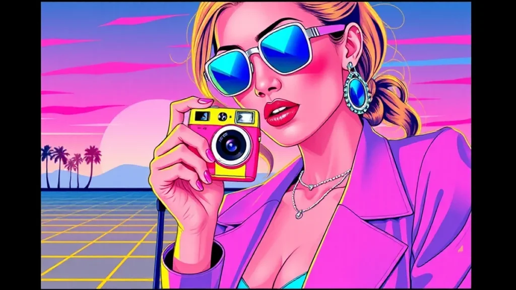 An adult woman holding a small, colorful Kodak EC35 film camera in her hand.