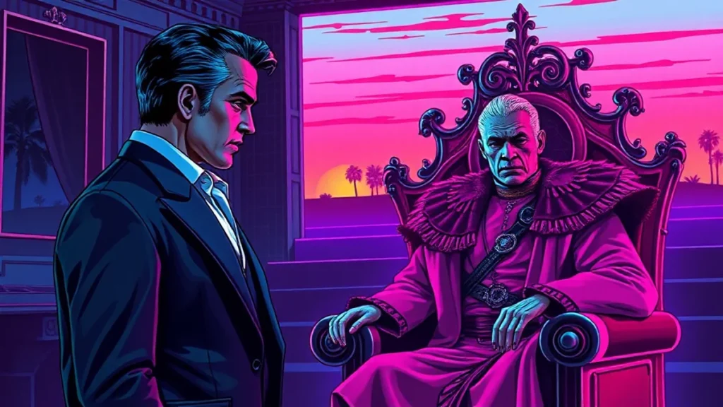 A calculated man delivers a harsh verbal confrontation to a distraught king sitting on a throne.