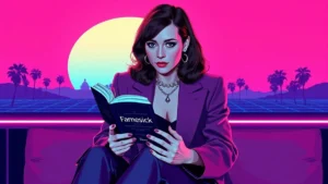 A thoughtful woman holding her new memoir while reflecting on fame and relationships.