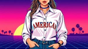 Close up of a woman wearing stylishly embroidered red white and blue Americana fashion.