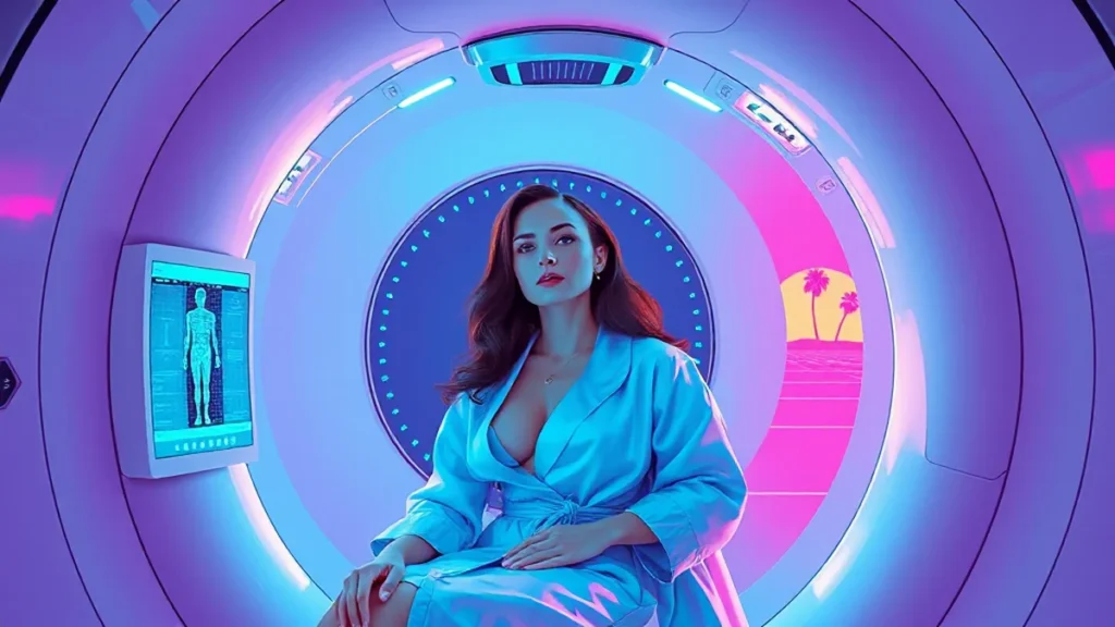 An adult woman in a blue robe undergoes a high-tech full body preventative health scan.