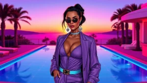 A stylish woman posing by a luxury swimming pool in Mallorca for Love Island UK.