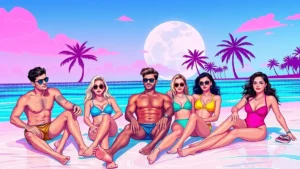 Stylish young adults in swimwear enjoying a sunny tropical beach in Fiji for Love Island USA.