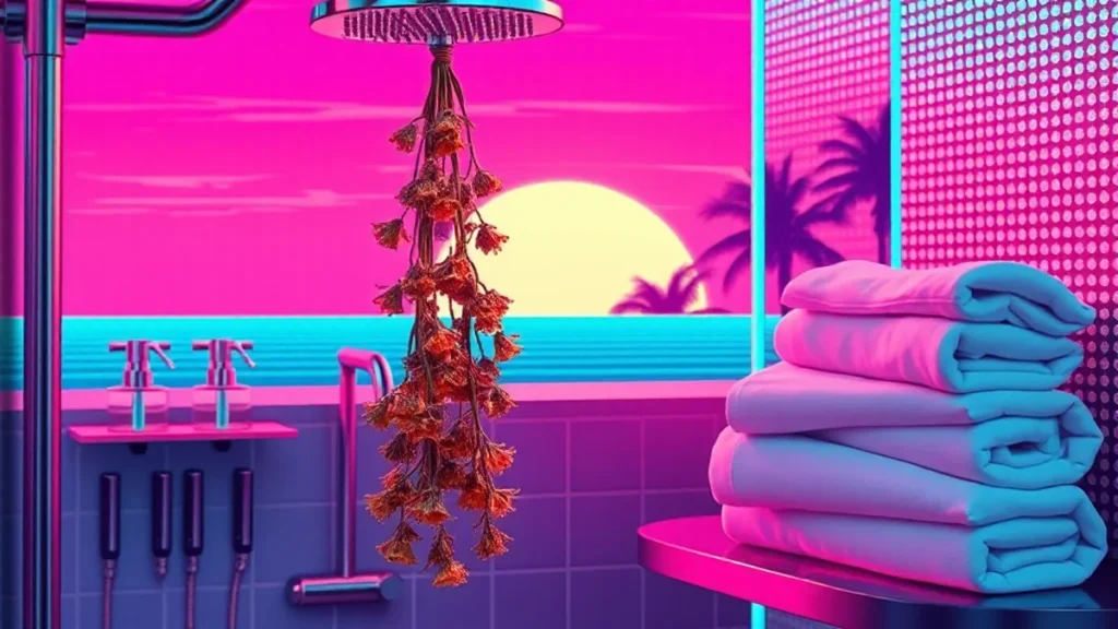Dried eucalyptus hanging in a modern shower with glass skincare bottles and white towels.