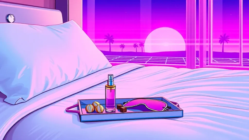 Close up of luxury hotel bed with wellness amenities and turndown service treats.
