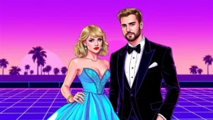 A glamorous celebrity couple dressed in formal wedding attire posing together at a high-profile event.