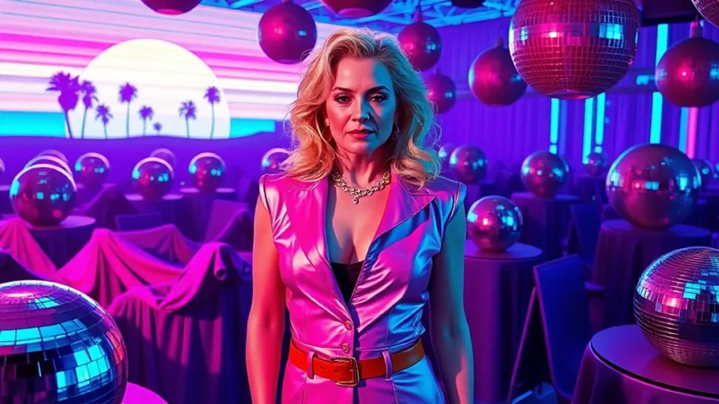 A glamorous woman posing in a disco themed immersive pop up installation.