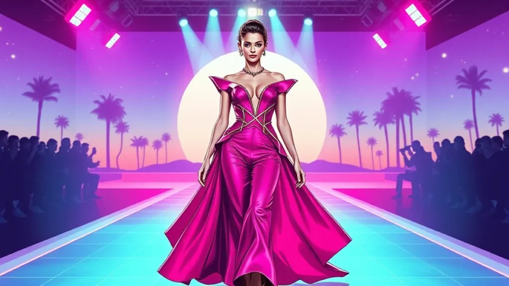 An adult female model walking a luxury couture runway in a designer gown.