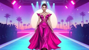 An adult female model walking a luxury couture runway in a designer gown.