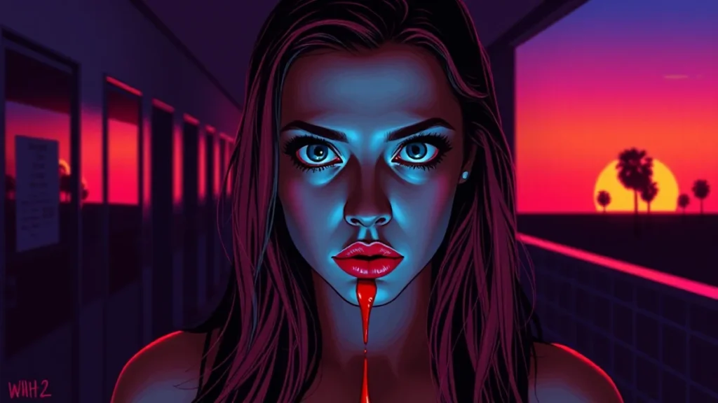 A close up of a woman with red liquid on her face looking intensely at the camera.