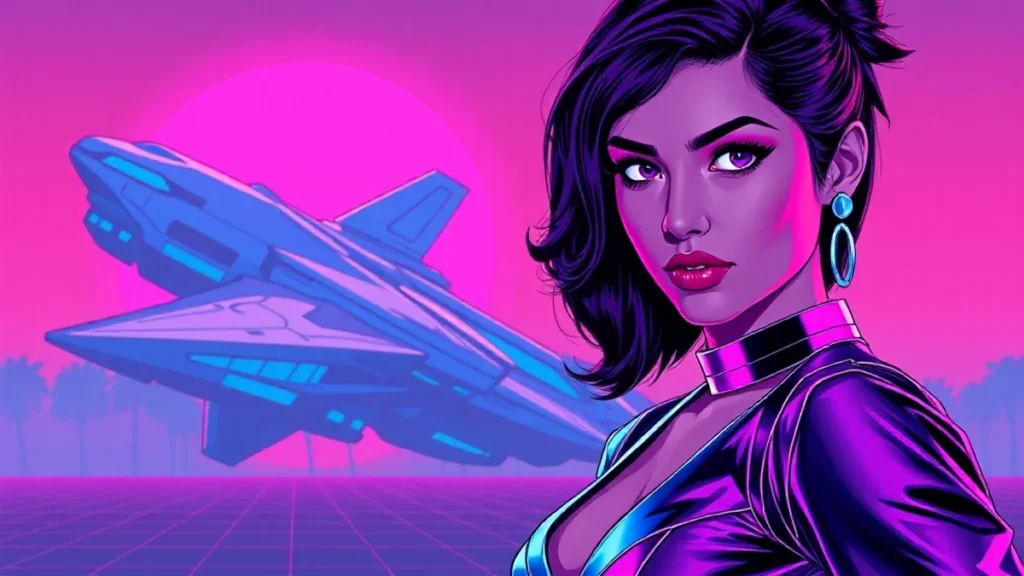 Morena Baccarin portraying an alien queen character standing before large spaceships in the sky.