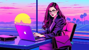 A stylish independent woman working professionally on her laptop to maintain financial autonomy.