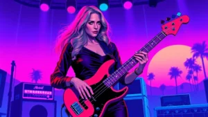 A portrait of L7 bassist Jennifer Finch playing her electric bass guitar on stage.
