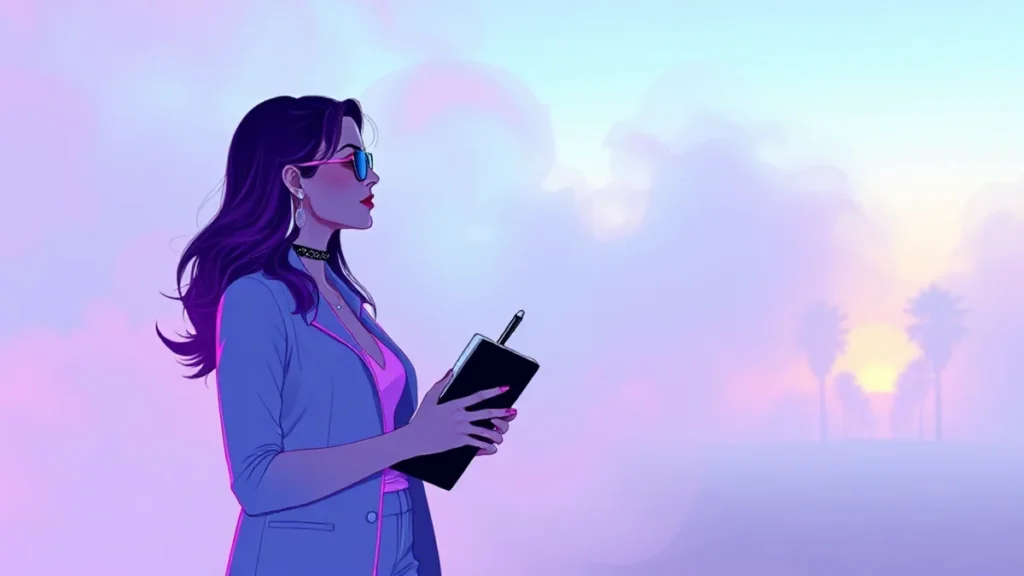 An adult woman navigating through a dense white fog while holding a notebook for journaling.