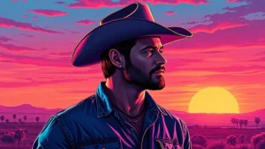 A man in cowboy attire standing on a scenic Texas ranch during sunset.