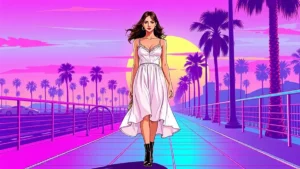 An adult woman walking through a sunny city street wearing a breezy white babydoll dress and boots.