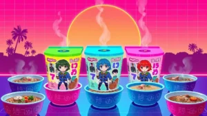 A variety of colorful Nongshim instant ramen cups and bowls of steaming noodles.