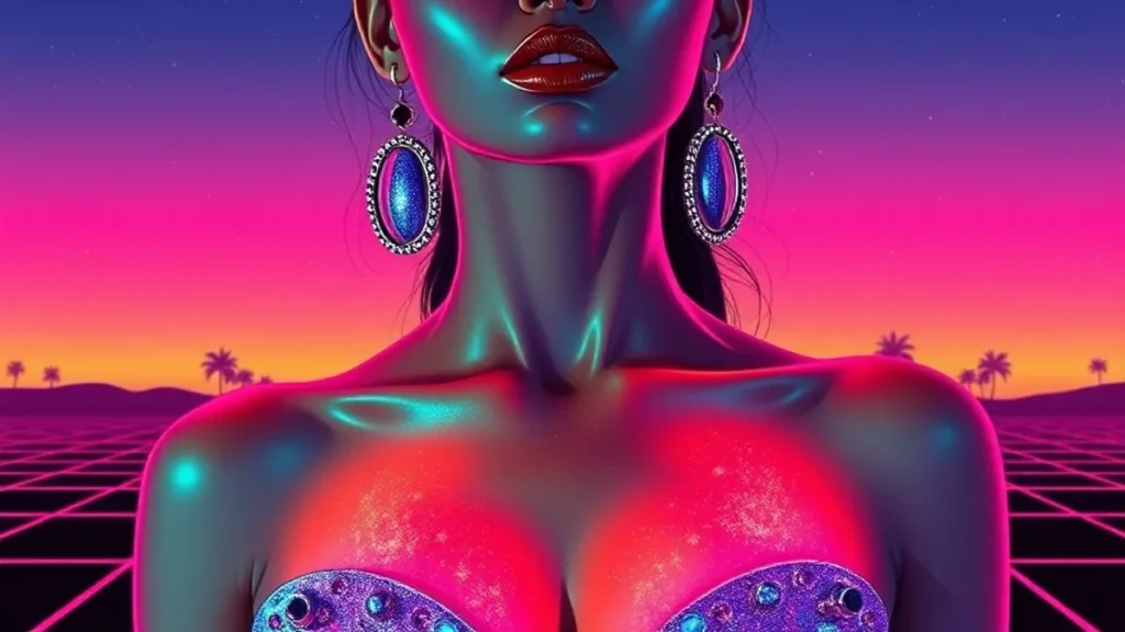 A woman showcasing high-shine, iridescent body highlighter on her collarbones and chest.