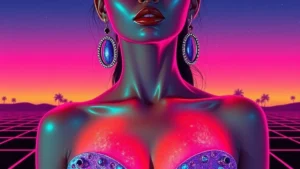 A woman showcasing high-shine, iridescent body highlighter on her collarbones and chest.