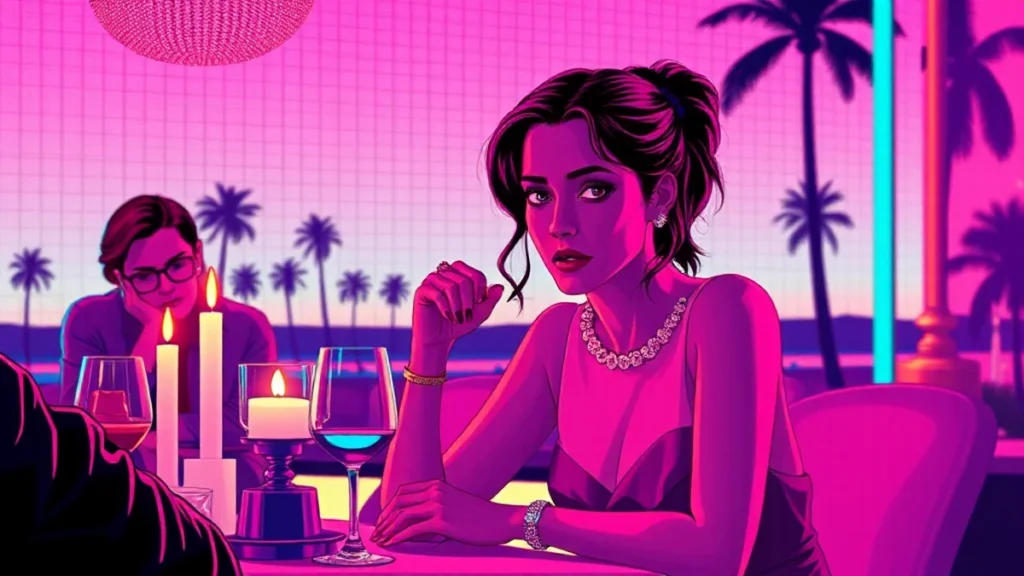 A sophisticated woman sitting at a formal dinner table during an intense social gathering.