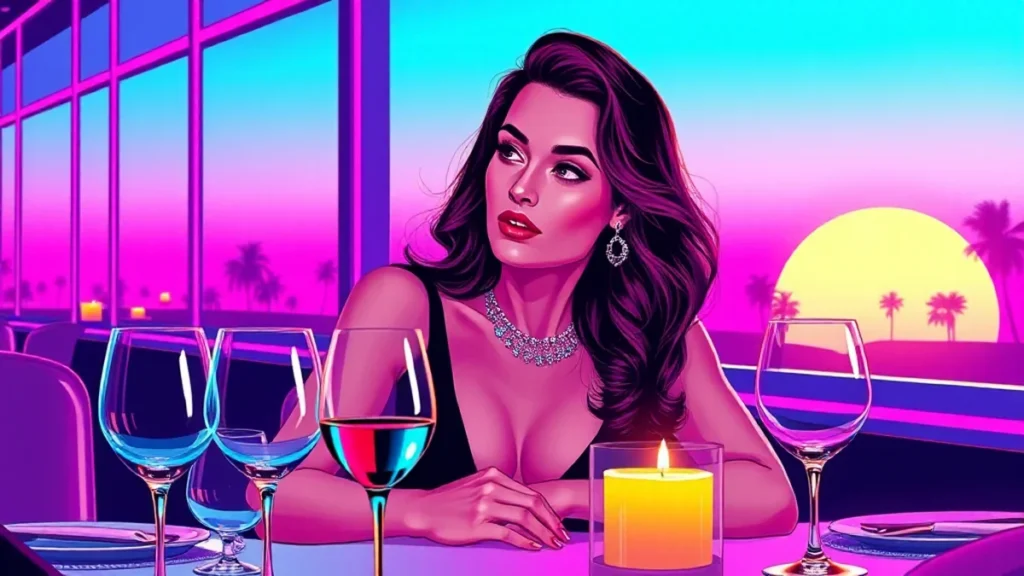A stylish woman sitting at an elegant candlelit dinner table reflecting on relationship dynamics.