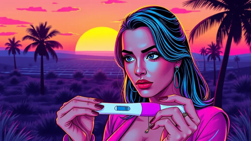 Anxious adult woman looking at a positive pregnancy test result in a dramatic setting.