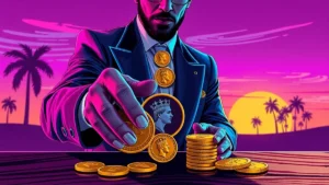 A nobleman inspecting custom gold coins used to fund shadow assassinations in King's Landing.