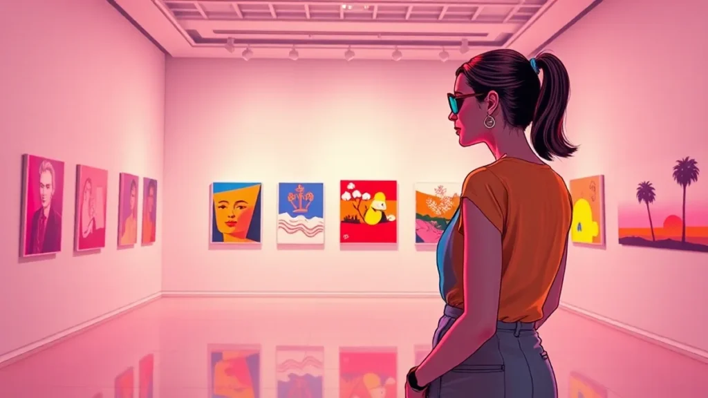An adult woman admiring colorful Matisse paper cutouts in a modern Parisian art museum gallery.