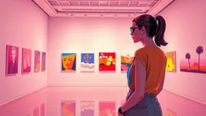An adult woman admiring colorful Matisse paper cutouts in a modern Parisian art museum gallery.